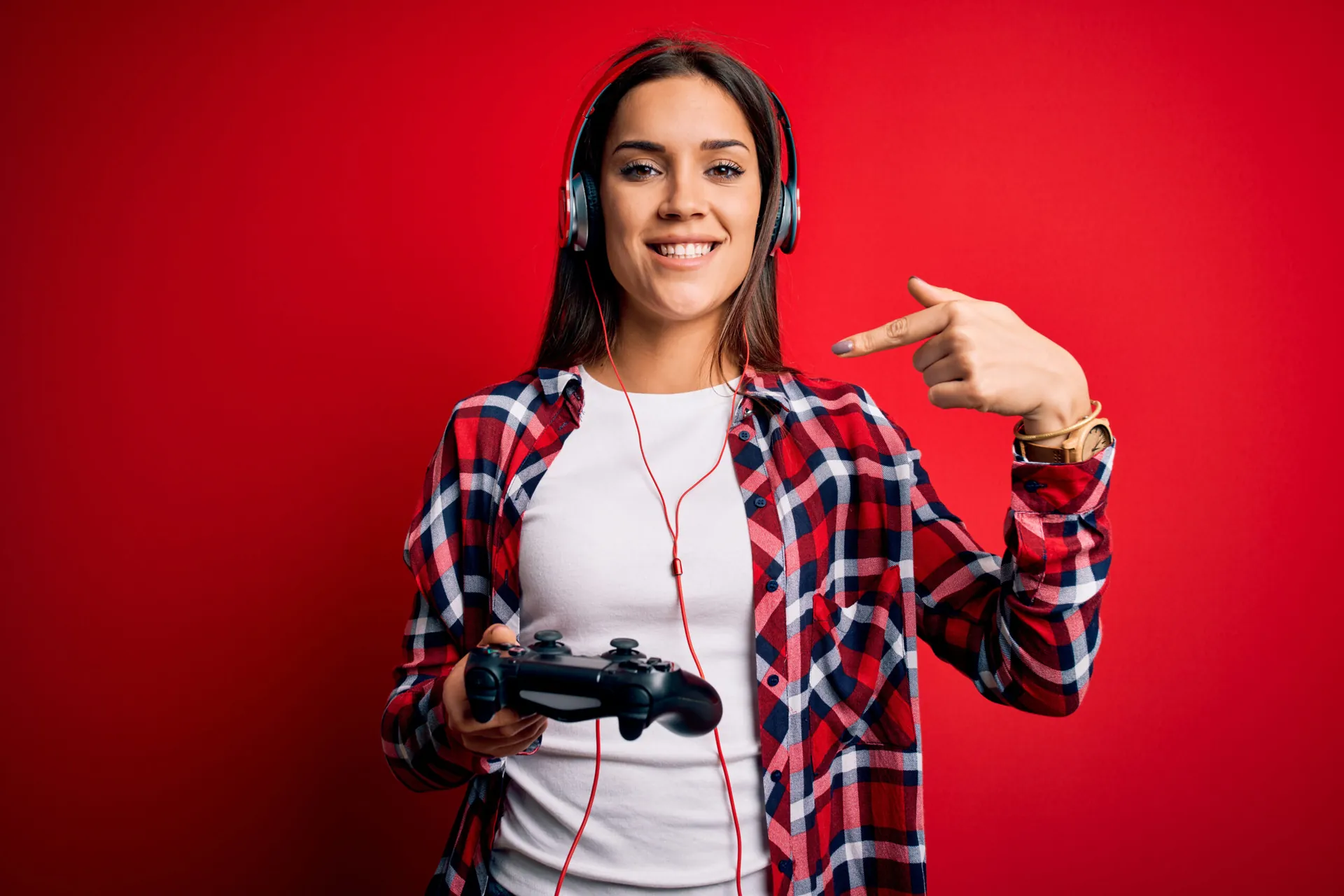 Young,Beautiful,Brunette,Gamer,Woman,Playing,Video,Game,Using,Joystick